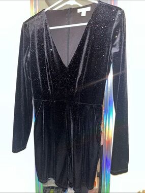 Candie's Black Glitter Velvet Long Sleeve Romper